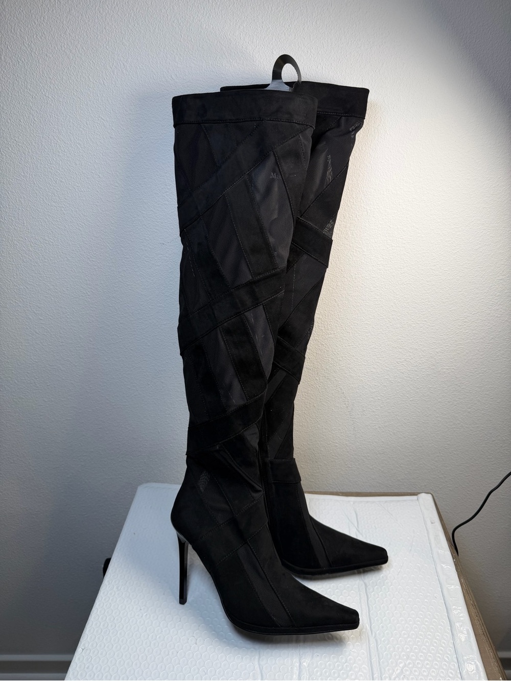 Women’s Black Over Knee Stiletto Boots Mesh Patchwork Pointed Toe Size 6.5